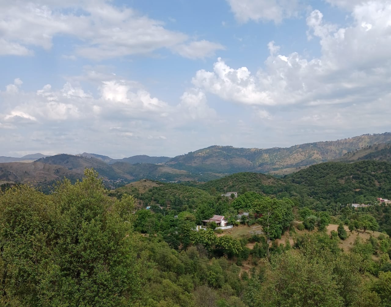Mountain view from land for sale in Pir Sohawa — forested Margalla Hills with a hillside cottage among the trees
